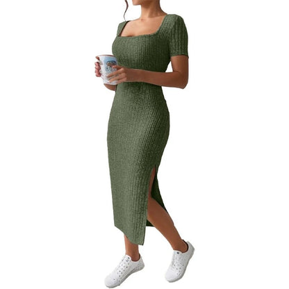 Summer Square Neck, Hip-Hugging Mid-Length Skirt, Short-Sleeved, Versatile Knitt