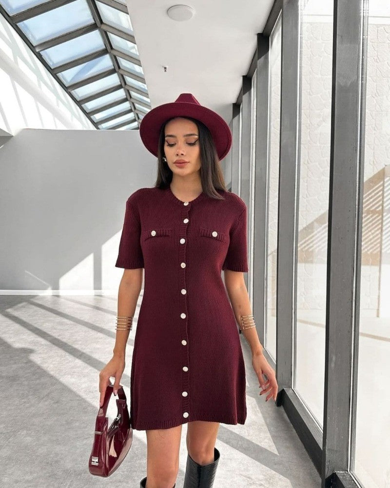 Trendix Elegant Knit Mini Dress Women Street Slim High Waist Short Sleeve Rib Sw