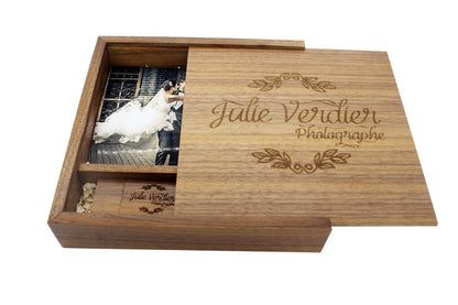 JASTER Álbum de Fotos de Nogueira com Bordo, USB de Madeira + Caixa, Pen Drive de 128 GB 64 GB, Disco U, Fotografia, Presente de Casamento, Logotipo Personalizado Gratuito
