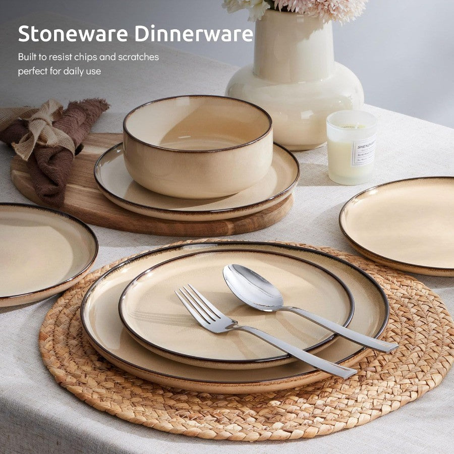 24Piece Plates and Bowls Set Stoneware Dinnerware Sets for 8 Reactive Glaze Ceramic Dinning Ware Dishes Microwave and Dishwashe