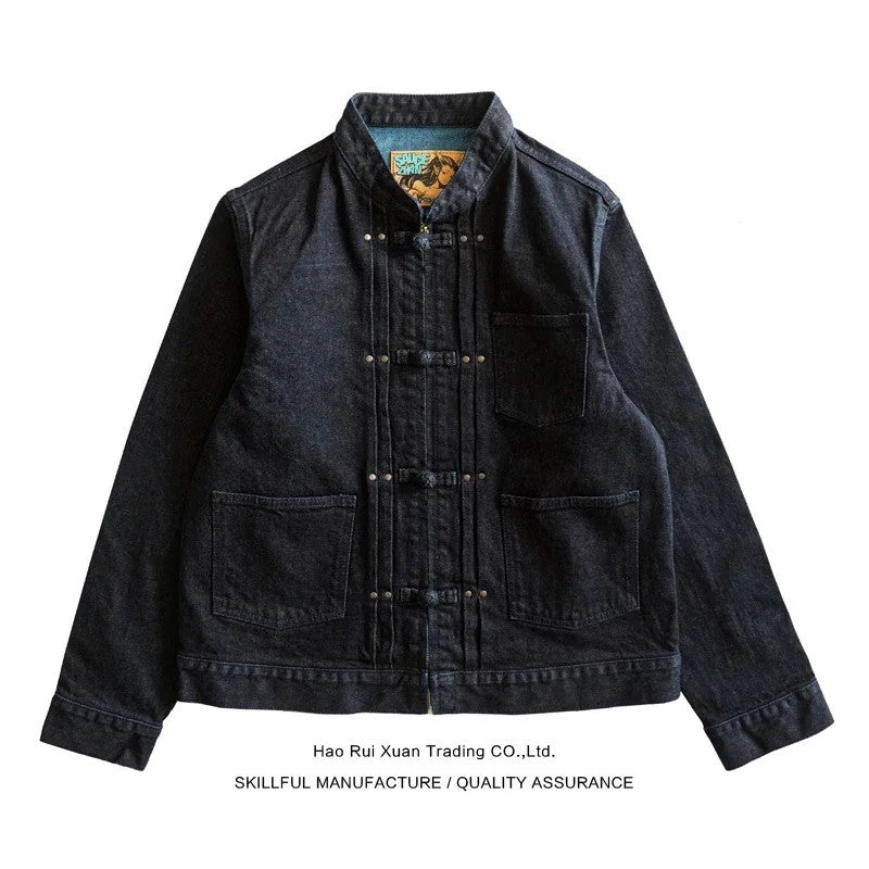 Sauce Zhan Mens Jacket Indigo Selvedge Denim Jacket Jean Jacket Men Vintage Chinese Style Knot Button Loose Fit