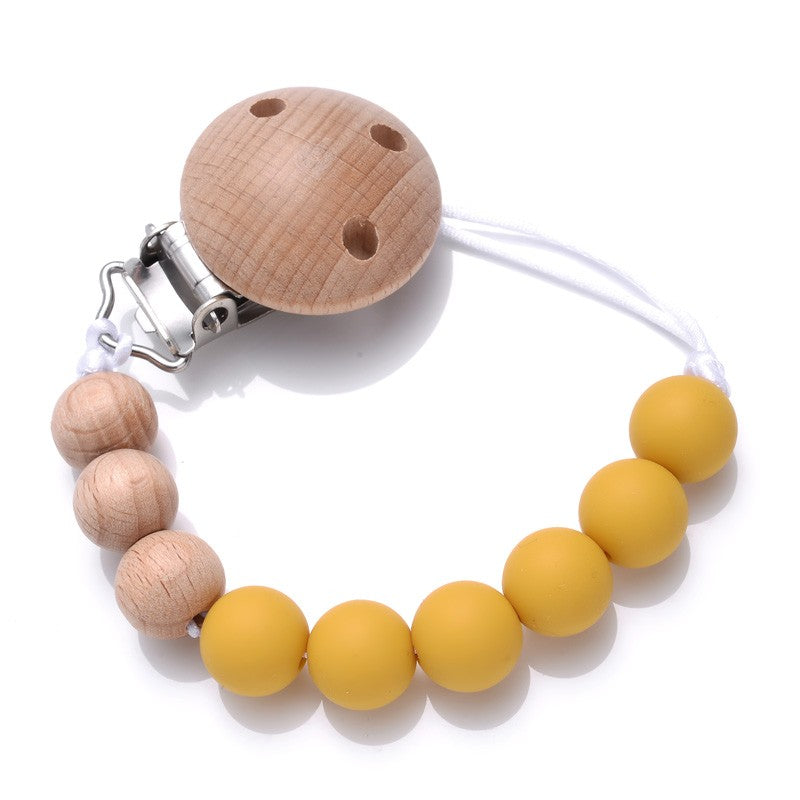 Handmade Beech Wood Baby Pacifier Chain Round Silicone Beads Infant Appease Soother Clips Anti-Drop Dummy Holder Nipple Clip