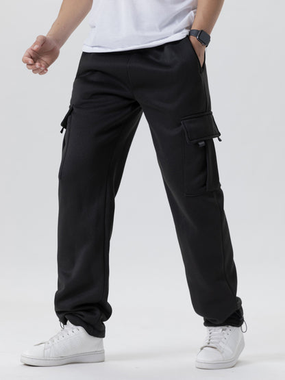 Calças de Moletom Masculinas Reta Casual Outono Inverno Calças Masculinas de Corrida Jogger Esportivas para Academia Calças Lisas com Vários Bolsos