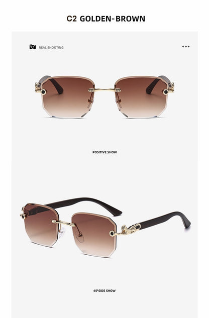Square Sunglasses For Men Women Fashion Metal Leopard Head Rimless Eyewear Travel And Driving Shades Oculos De Sol UV400
