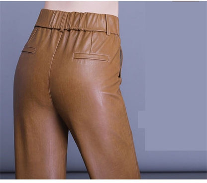 2023 Spring Autumn Sheepskin Pants Women High-waist Straight Pants Slim Lady Genuine Leather Casual Trousers Ankle-Length Pants