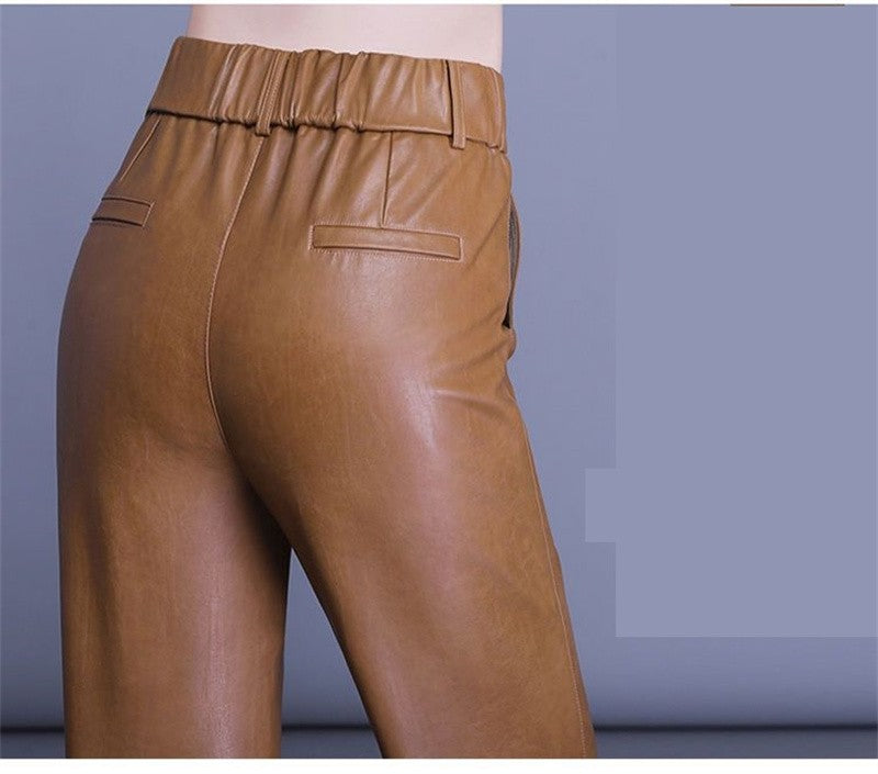 2023 Spring Autumn Sheepskin Pants Women High-waist Straight Pants Slim Lady Genuine Leather Casual Trousers Ankle-Length Pants