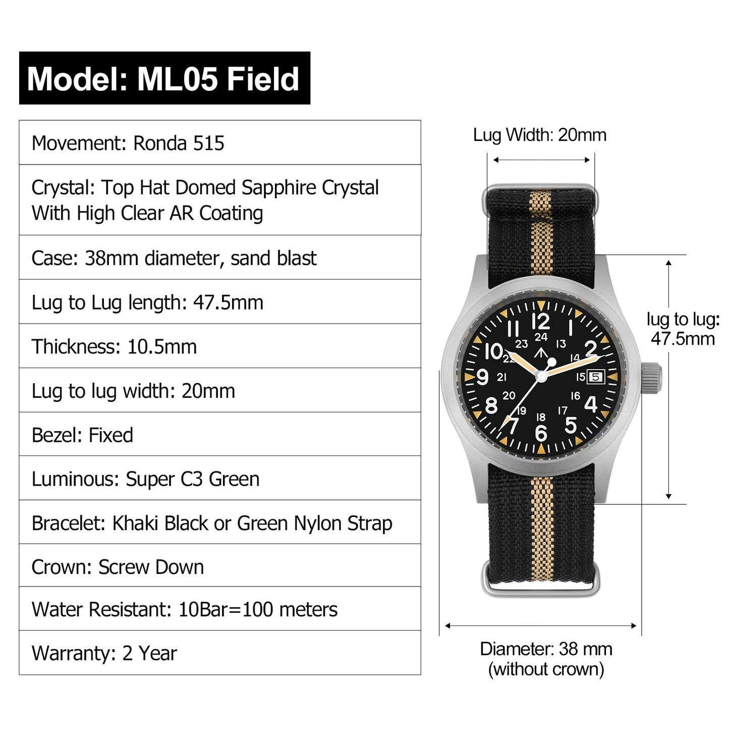 Militado ML05 Military Watch Ronda 515 Quartz Movement Domed Sapphire With High Clear AR Coating Luminous 38mm Vintage Watches