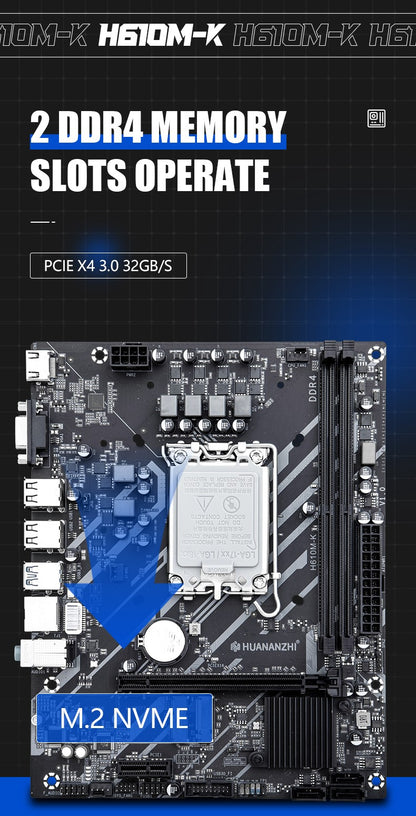Placa-mãe HUANANZHI H610M K MATX DDR4, suporte para CPU Intel LGA 1700 de 12ª 13ª 14ª Geração H610 12100F 12400F 12490F 12600F 12700F 13600F