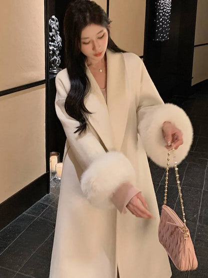 [EWQ] Wool Fox Fur Sleeve Women Coat Elegant Clothing Autumn 2025 Winter Double-sided Jacket Big Size Wine Red Overcoats 16O2751