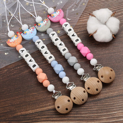 Personalized Name Baby Pacifier Clips Cartoon Moon Silicone Teether Nipple Chain For Nursing Chew Toys Baby Dummy Holder Chain
