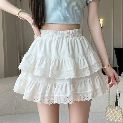Mini Skirt Cute Sexy Balletcore Elastic High Waist Ball Gown Ruffle Patchwork Lo