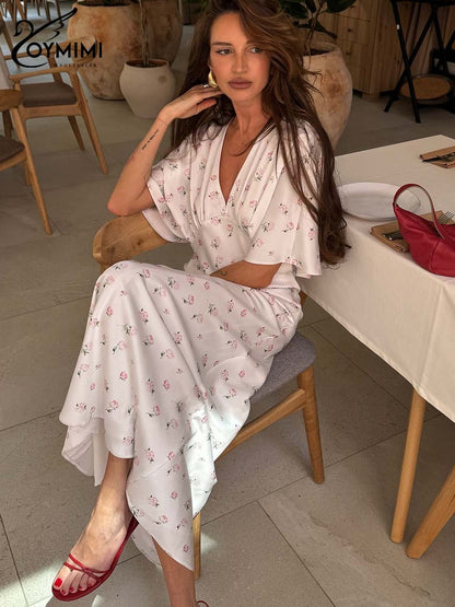 Oymimi Casual White Print Dresses For Woman Fashion V-Neck Batwing Sleeve Dresses Elegant Straight Floor-Length Dress Streetwear