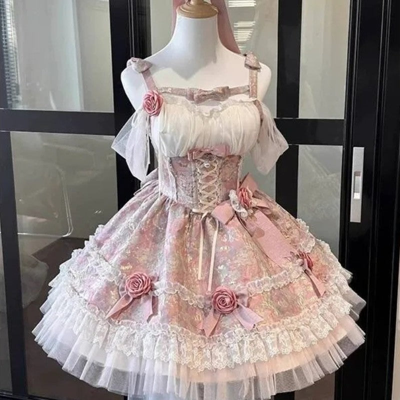 Summer Japanese Style Kawaii Lolita Dress Women Party Vintage Sweet Lace Bow Birthdays Cake Dresses Harajuku Y2k Bandage Dress