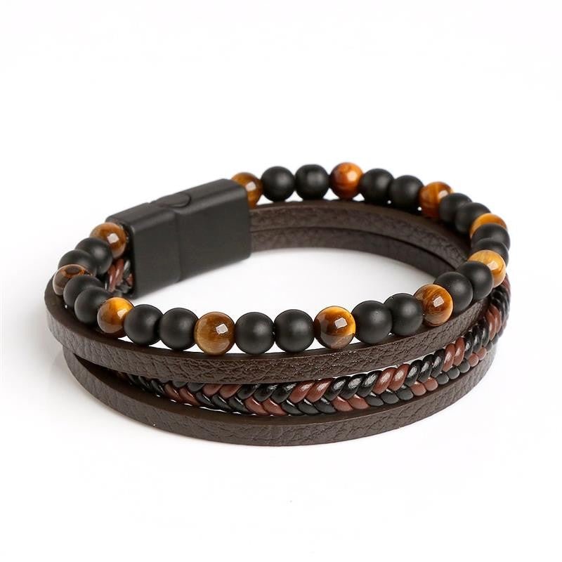 Pulseira de Couro Jiayiqi Masculina Punk Hip Hop Metal Charm Contas Olho de Tigre Pulseira Multicamadas para Homens Joia da Moda Presente