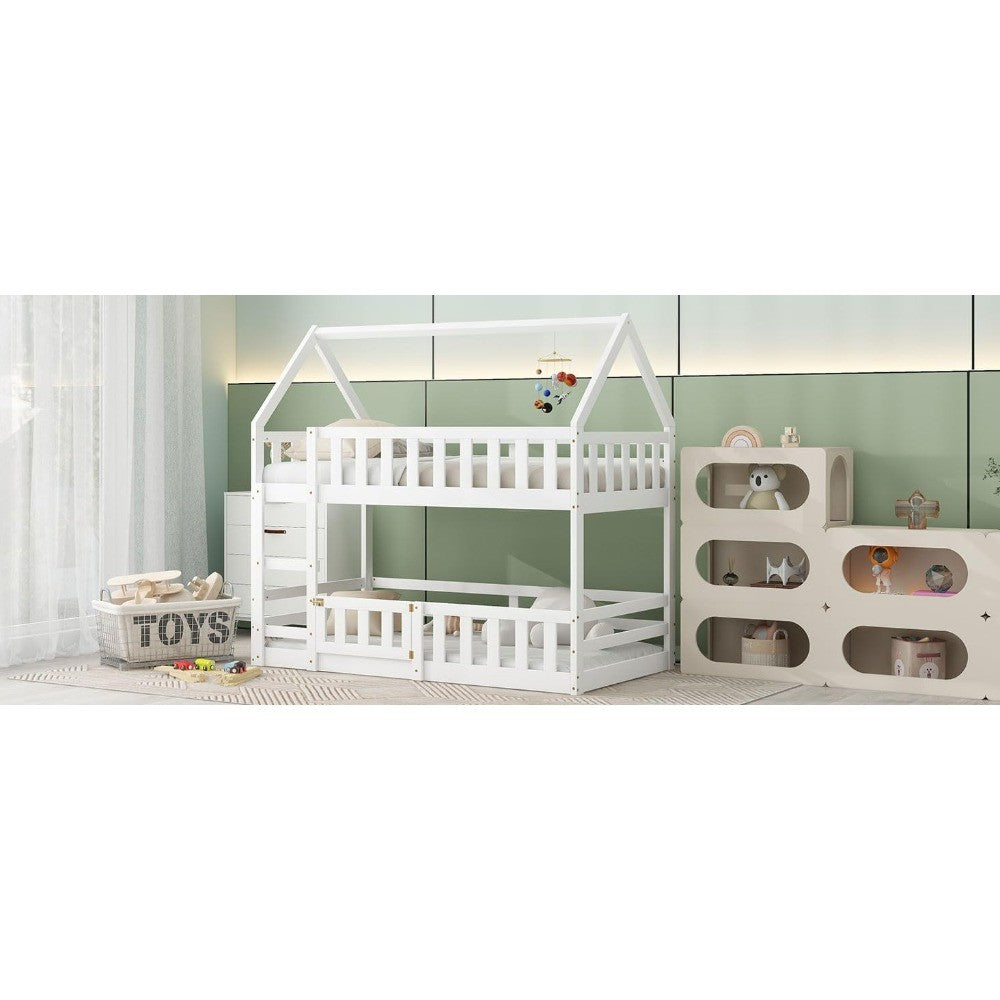 Estrutura de beliche dupla para crianças, meninos, meninas, adultos com cerca e porta, branco