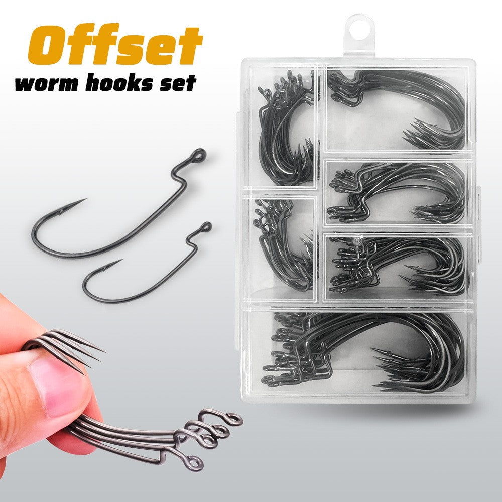 60 unidades/caixa Anzóis de minhoca de boca larga Anzol Jig Texas Rig Anzol para Robalo Aço de Alto Carbono Anzol Offset farpado Equipamento de Pesca Isca Macia