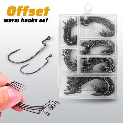 60 unidades/caixa Anzóis de minhoca de boca larga Anzol Jig Texas Rig Anzol para Robalo Aço de Alto Carbono Anzol Offset farpado Equipamento de Pesca Isca Macia