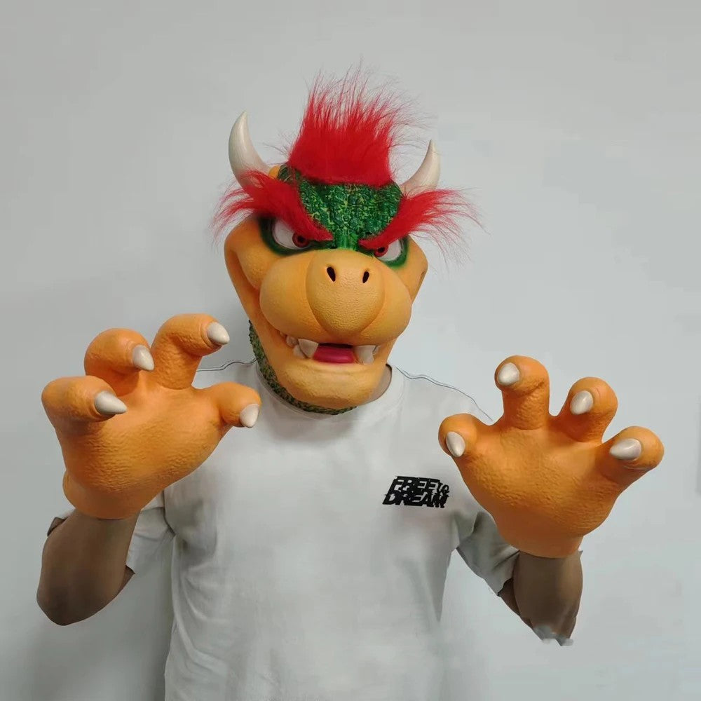 Anime Cartoon Bowser Cosplay Mask and Gloves Costumes Cute Dinosaur Claw Paw Latex Helmet Halloween Party Game Props Accessories