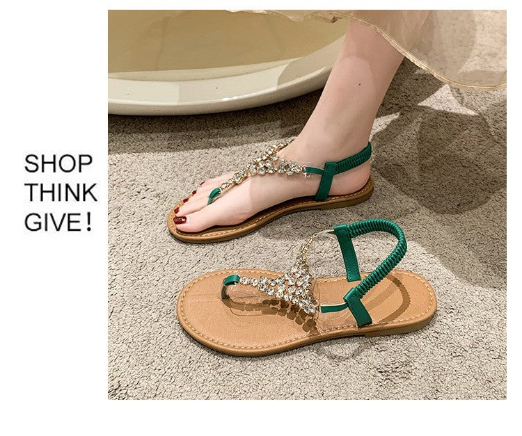 Summer New Flat Transparent Rhinestones Pintoe Women's Sandals, Fashion Casual Light Beach Cool, Shoes Women