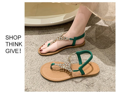 Summer New Flat Transparent Rhinestones Pintoe Women's Sandals, Fashion Casual Light Beach Cool, Shoes Women