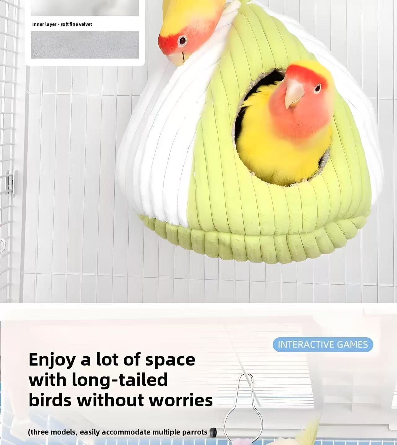 Casa Grande e Quente para Ninho de Pássaros - Cama Confortável para Pássaros de Gaiola com Tapete, Rede Suspensa, Cabana Esconderijo para Arara e Papagaio-Cinza-Africano