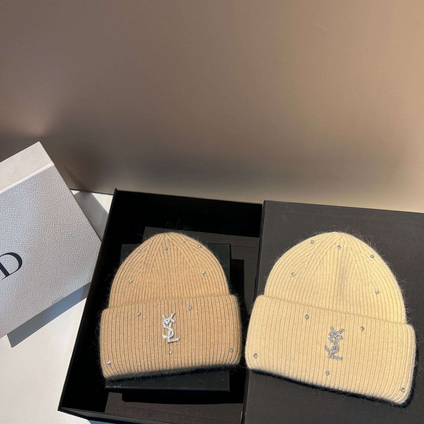 Rhinestone Decor Rabbit Fur Knitted Hat Warm Ear Flap Beanie for Women Luxury Soft Slouchy Cap Face Slimming Design