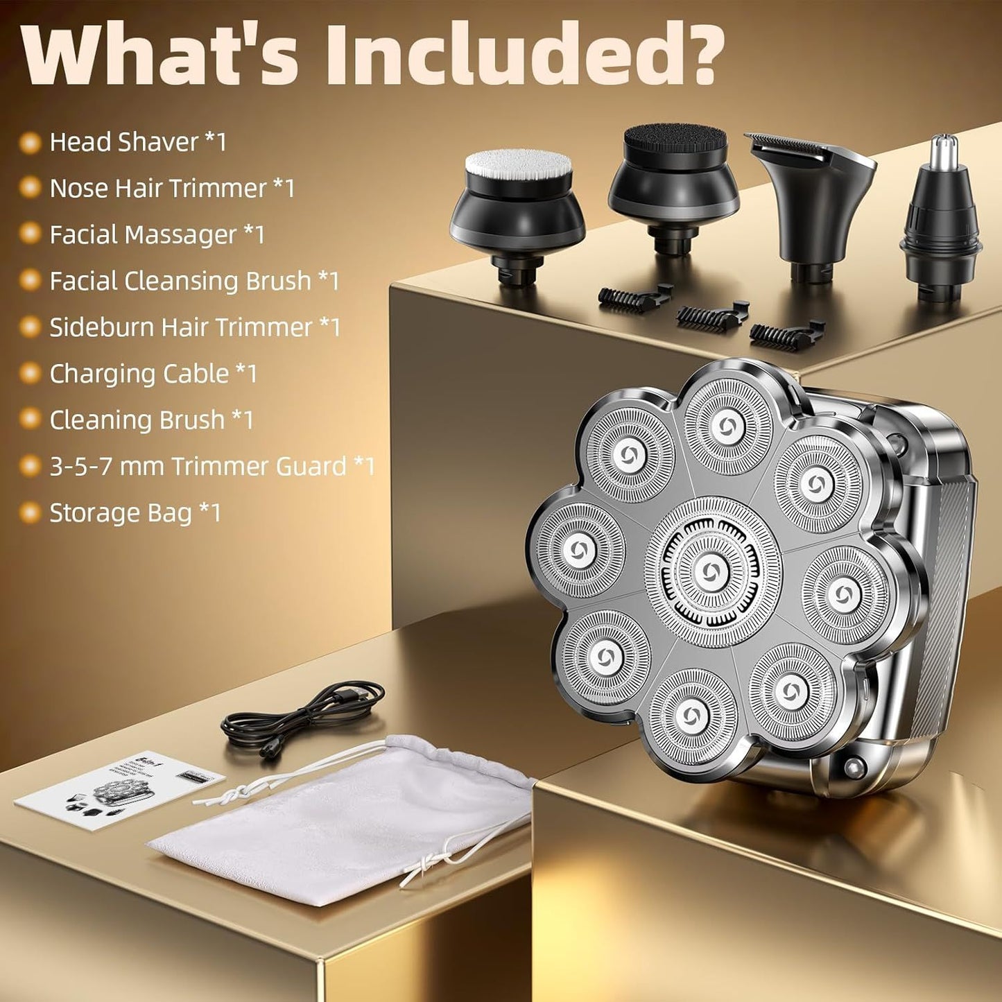 9D Head Shavers for Bald Men 5 in 1 Detachable Head Razor IPX7 Waterproof Wet Dry Rechargeable Electric Shavers for Men