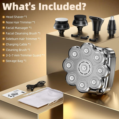 9D Head Shavers for Bald Men 5 in 1 Detachable Head Razor IPX7 Waterproof Wet Dry Rechargeable Electric Shavers for Men