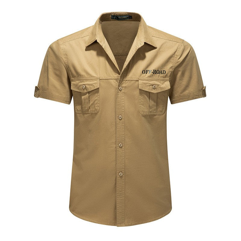 2025 New Summer Army Green Fashion Versatile Men's Casual Shirt, Khaki Slim Short-sleeved Breathable Cotton Cargo Shirts for Men