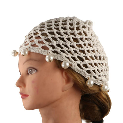 Fashion Round Beads Knitted Hat Crochet Pearl Fringed Woven for Women Travel Versatile Hollow Breathable Retro Beanies Cap