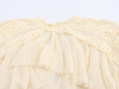 ZEAINS Beige French V-neck lace ruffle court style chiffon long sleeved shirt top for women in autumn