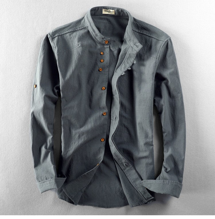 Japan Style Mens Linen Cotton Shirt Harajuku Stand Collar Long Sleeve Slim Fit Solid Color Male Casual Breathable Classical Tops
