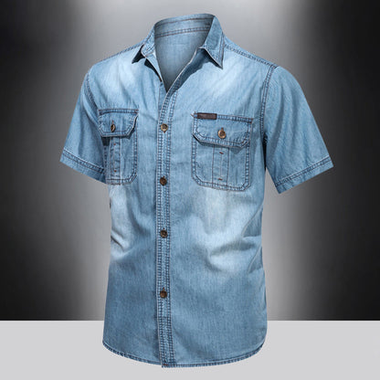 Men's Vintage Denim Cargo Shirts Summer Solid Short Sleeve Lapel Neck Multi Pockets Button Down Thin Casual Temperament Tops