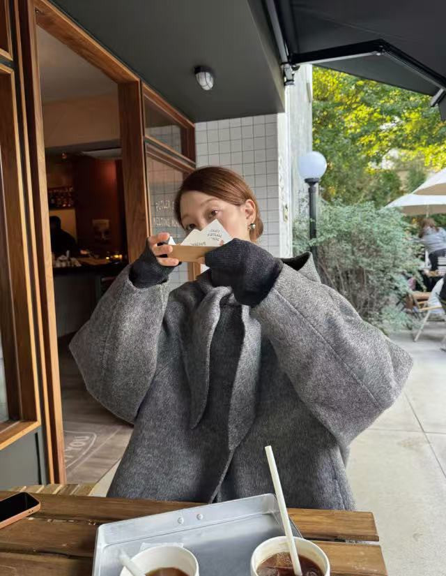 Korean Sle Woolen Coat Women's Chic Temperament Sweet Bow Tie Collar Hooded Warm Woolen Coat Long Sve Mid-Length