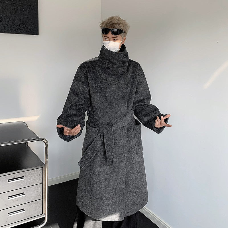 Men's Double-Breasted Wool Blend Overcoat with Belt Loose Fit Solid Color Stand Collar Mid-Length Trench Coat for Autumn Winter