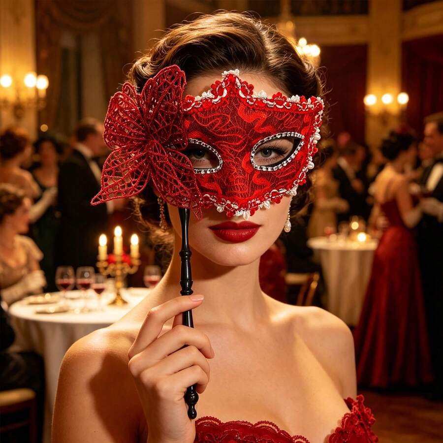 Womens Pink Lace Masquerade Mask With Handle For Party Halloween Valentine Celebration