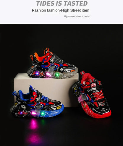 Disney LED Casual Sneakers Red Black For Spring Boys Spiderman Outdoor Shoes Children Lighted Non-slip Shoes Size 21-30