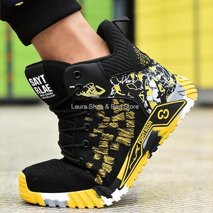 Botas de segurança de cano alto masculinas, bico de aço, sapatos de trabalho masculinos e femininos, botas de segurança anti-impacto, indestrutíveis, respiráveis