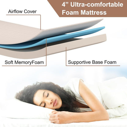 Portable Adult Guest Bed with 4-Inch Mattress and Four Wheels for Space-Saving Storage