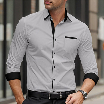 New men's formal button up shirt long sleeved solid color lapel for spring and autumn weddings, daily pocket patchwork clothing