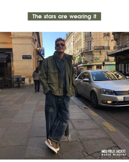 Maden Military M65 Field Jackets For Men's Green Vintage Army Jacket Casual Windbreaker Solid Lapel Collar with Pockets Overcoat