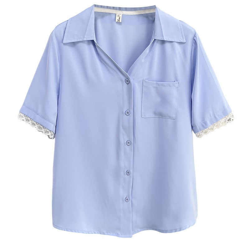 Plus Size Women's Summer New Style Lace Sleeve V-Neck Short Sleeve Shirt Fresh And Elegant Fashionable Blouse Polyester Fabric