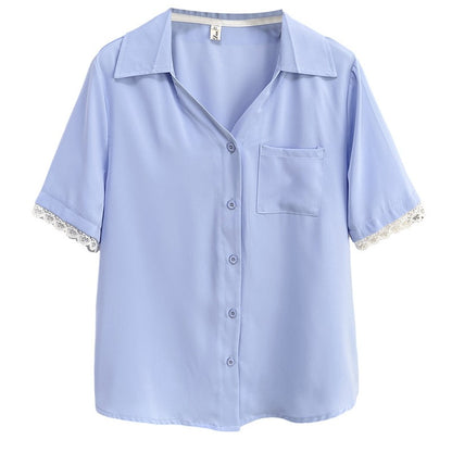 Plus Size Women's Summer New Style Lace Sleeve V-Neck Short Sleeve Shirt Fresh And Elegant Fashionable Blouse Polyester Fabric