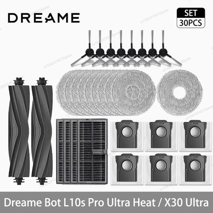 Acessórios para Robô Aspirador Dreame L10s Pro Ultra Heat / X30 Ultra: Escova Principal, Escova Lateral, Pano de Limpeza, Filtro Hepa, Saco de Pó, Peças de Reposição