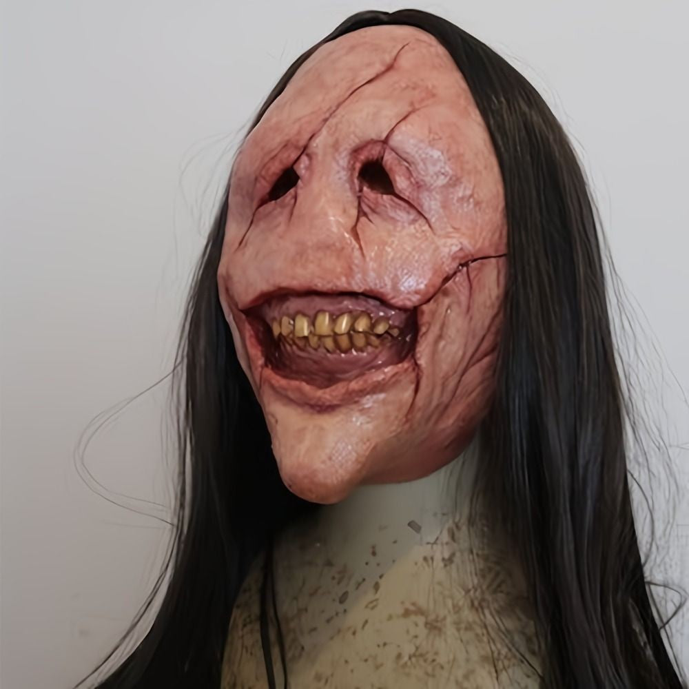 Scary Long Hair Red Face Devil Mask Exposed Teeth Latex Headgear Wig Horror Face Masks Creativity Spooky Scary Demon Mask