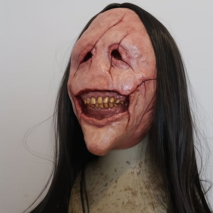 Scary Long Hair Red Face Devil Mask Exposed Teeth Latex Headgear Wig Horror Face Masks Creativity Spooky Scary Demon Mask