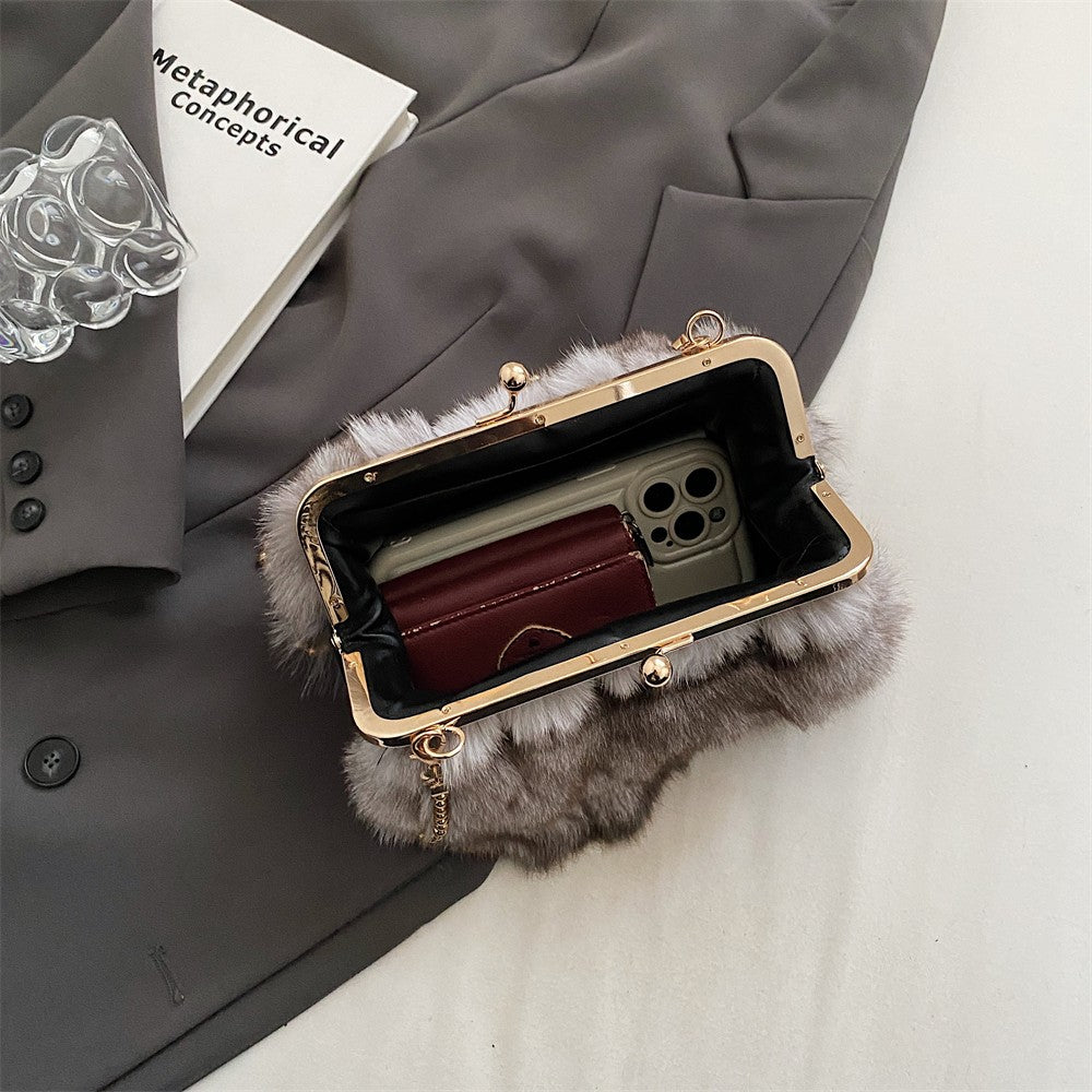 MOODS Soft Plush Evening Bags For Elegant Women Fox Fur Dinner Party Clutch Chain Crossbody Winter Warm Luxury Designer Handbags