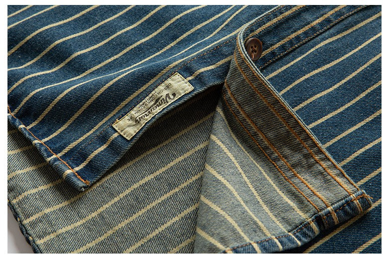 American Retro Workwear Long Sve Denim irt Loose Casual Striped ket irt Youth Trend Autumn Wear Iron Free