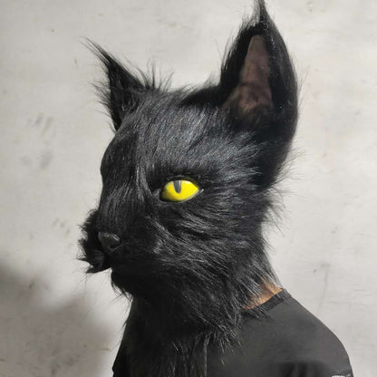 Latex with Fur Black Cat Cosplay Mask Scary Helmet Animal Funny Costume Hood Hair Mask Headwear Adult Halloween Party Props