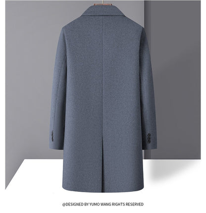High-quality men's fashionable, stylish and versatile solid-color casual long woolen overcoat, wool woolen overcoat